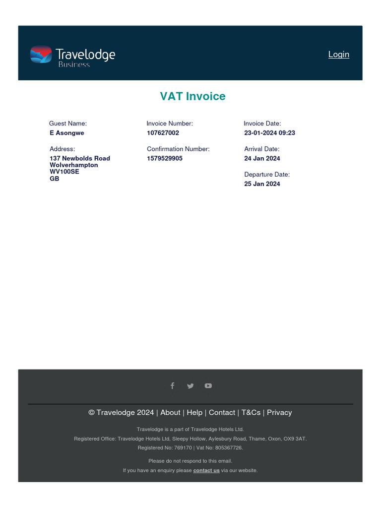 Travelodge VAT Invoice Details | PDF | Value Added Tax | Invoice