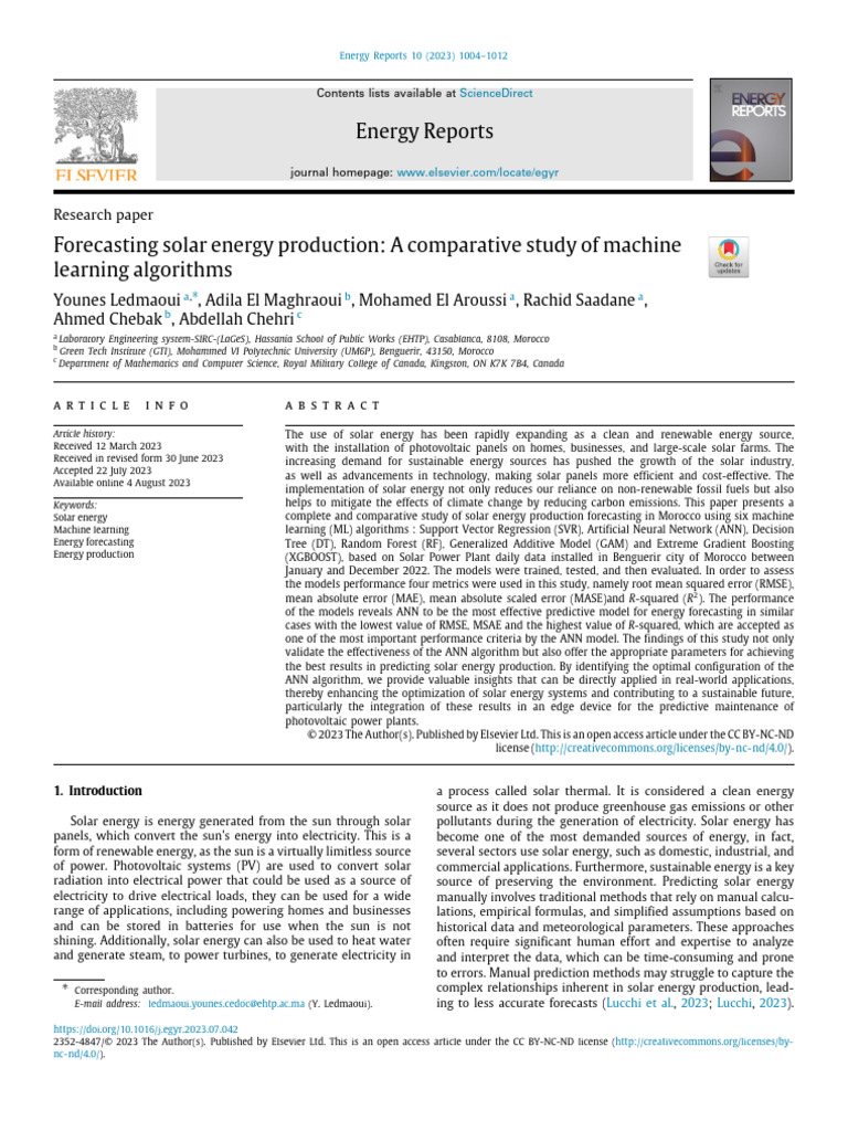 Solar Energy Forecasting with ML Techniques | PDF | Machine Learning ...