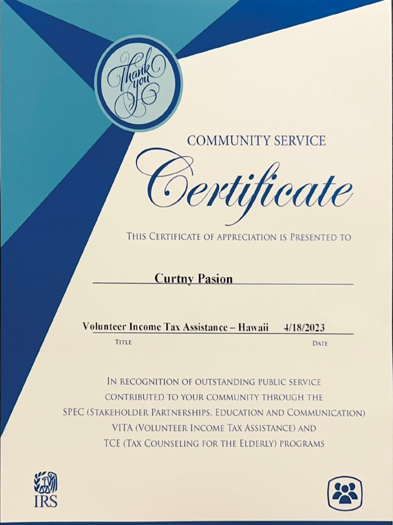 Vita Community Service Certificate PDF