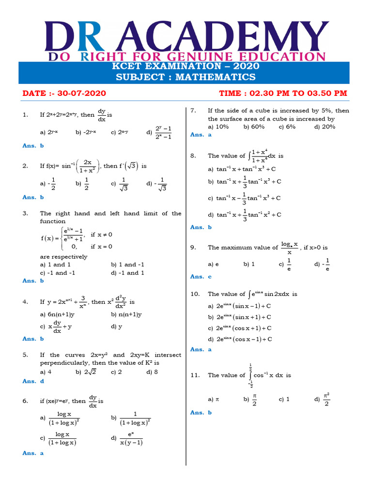 KCET 2020 Mathematics Question Paper | PDF | Euclidean Geometry ...