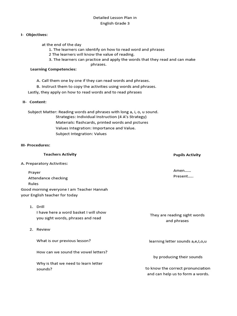 Grade 3 English Lesson: Long Vowel Sounds | PDF | Lesson Plan | English ...