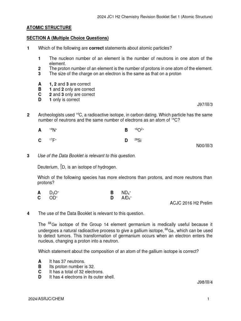 2024 Atomic Structure - Revision Booklet Questions | PDF | Atoms | Isotope