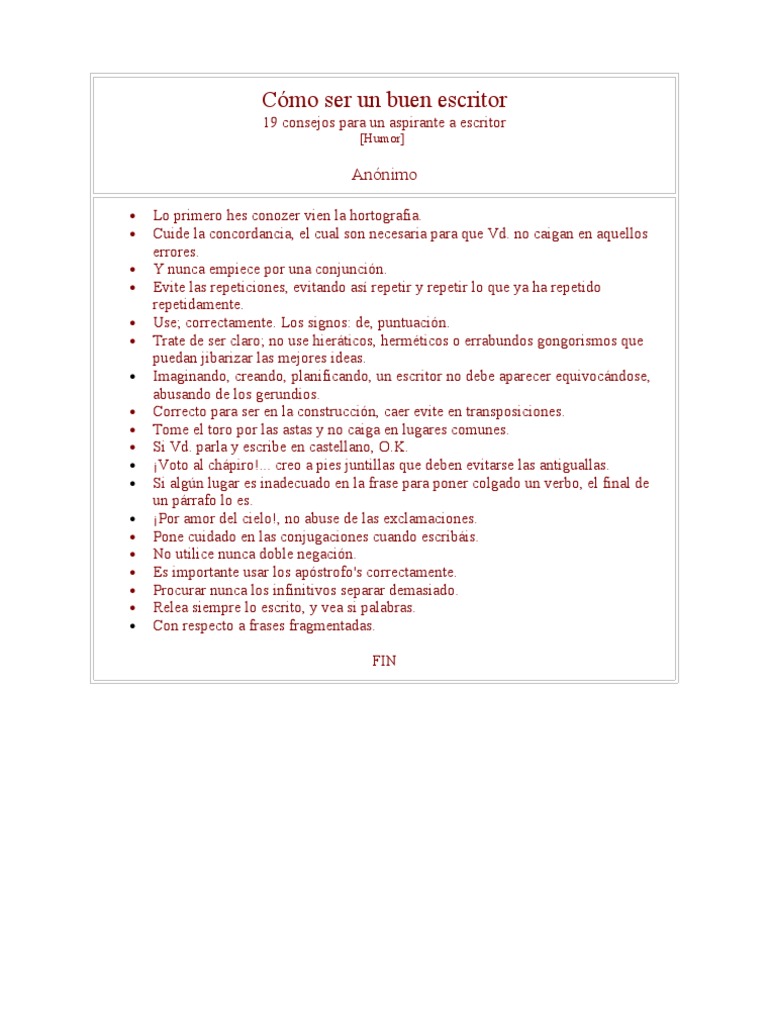 Consejos para ser un buen escritor | PDF | Artes del Lenguaje y ...