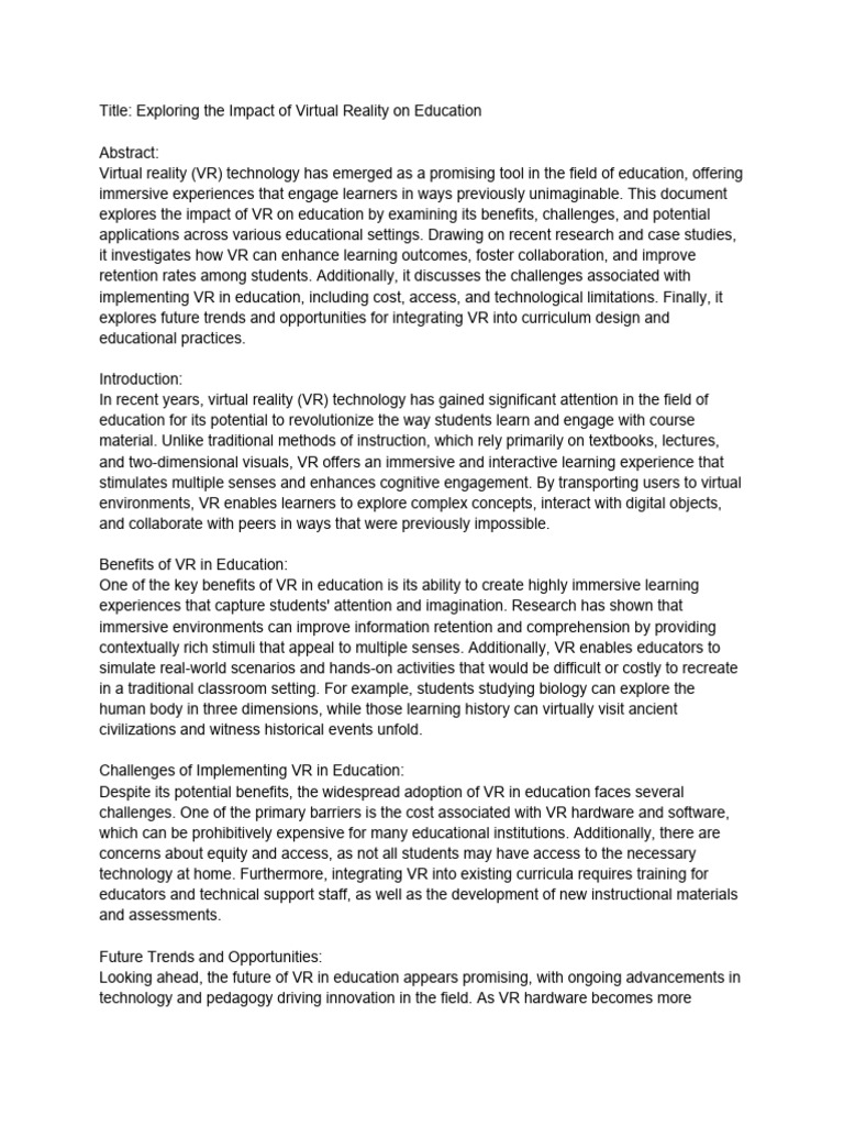 Benefits of VR in Education | PDF | Virtual Reality | Learning