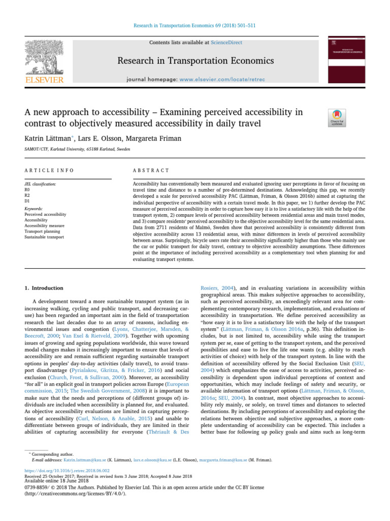 Lättmann 2018 Perceived Accessibility | PDF | Accessibility | Perception