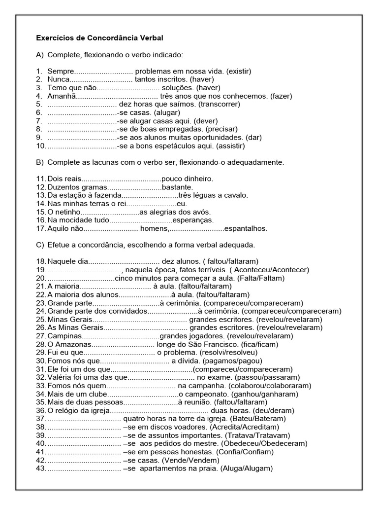 Exercícios de Concordância Verbal e nominal | PDF