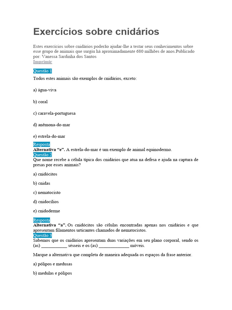 Exercícios sobre Cnidários e Platelmintos | PDF | Biologia