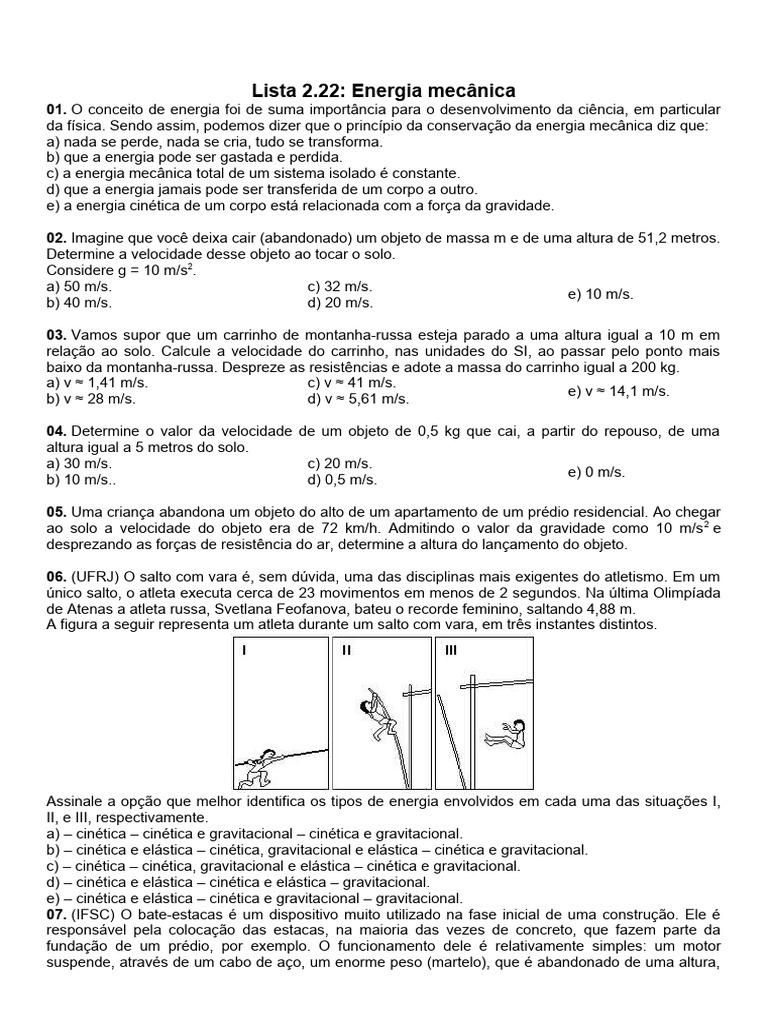 Exercícios sobre Energia Mecânica | PDF | Energia cinética | Energia ...