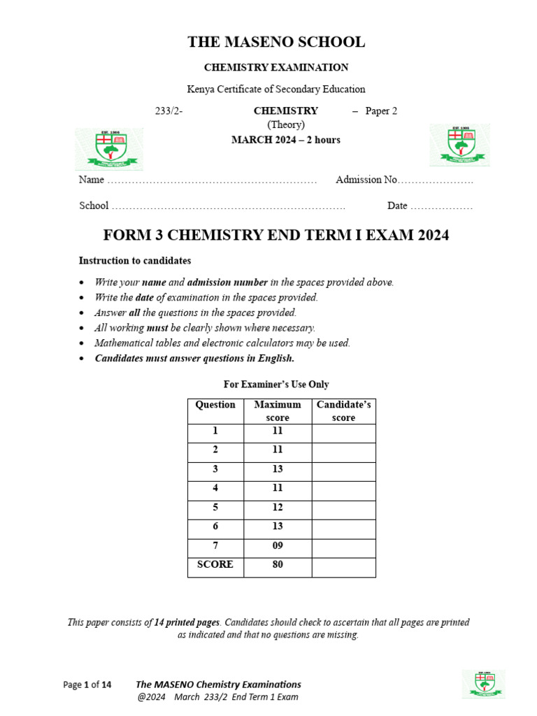 Form 3 Chemistry End Term 1 Exam 2024 | PDF | Precipitation (Chemistry ...