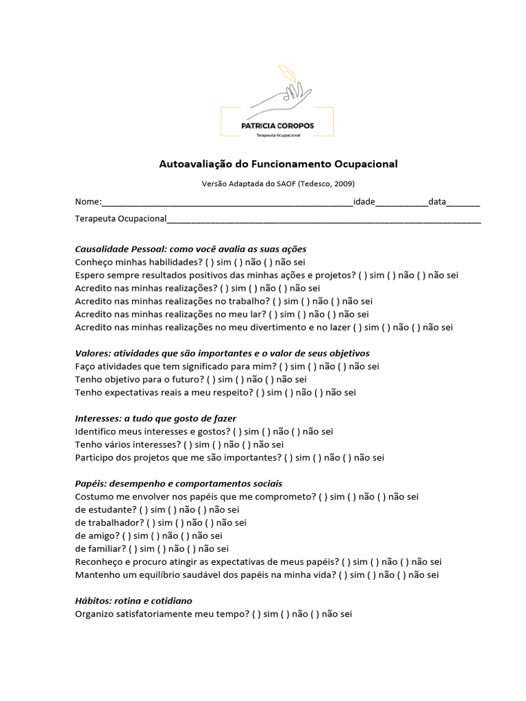 Autoavaliação Do Funcionamento Ocupacional - Timbrado | PDF | Autoajuda