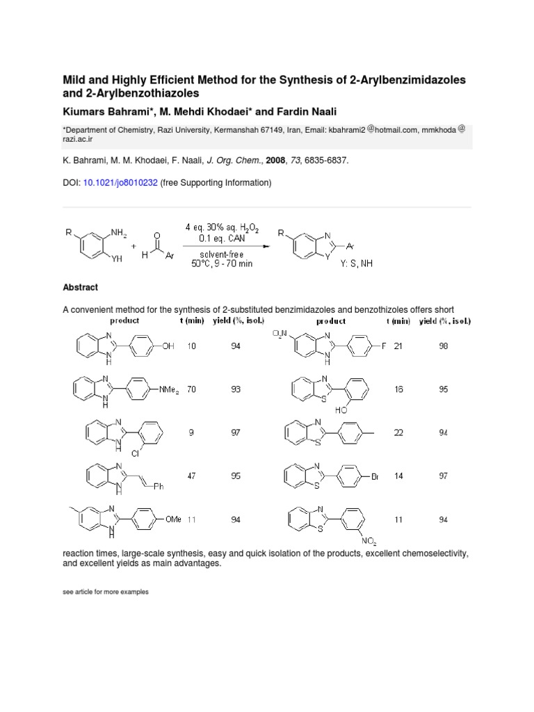 Synthesis of Benzimidazole | PDF | Catalysis | Aldehyde