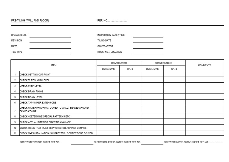 Pre-Tiling Inspection Checklist | PDF | Technology & Engineering