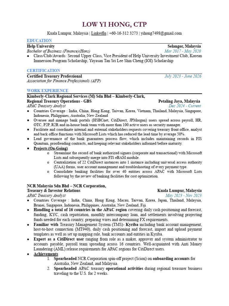 APAC Treasury Analyst Resume Overview | PDF | Hedge (Finance) | Business