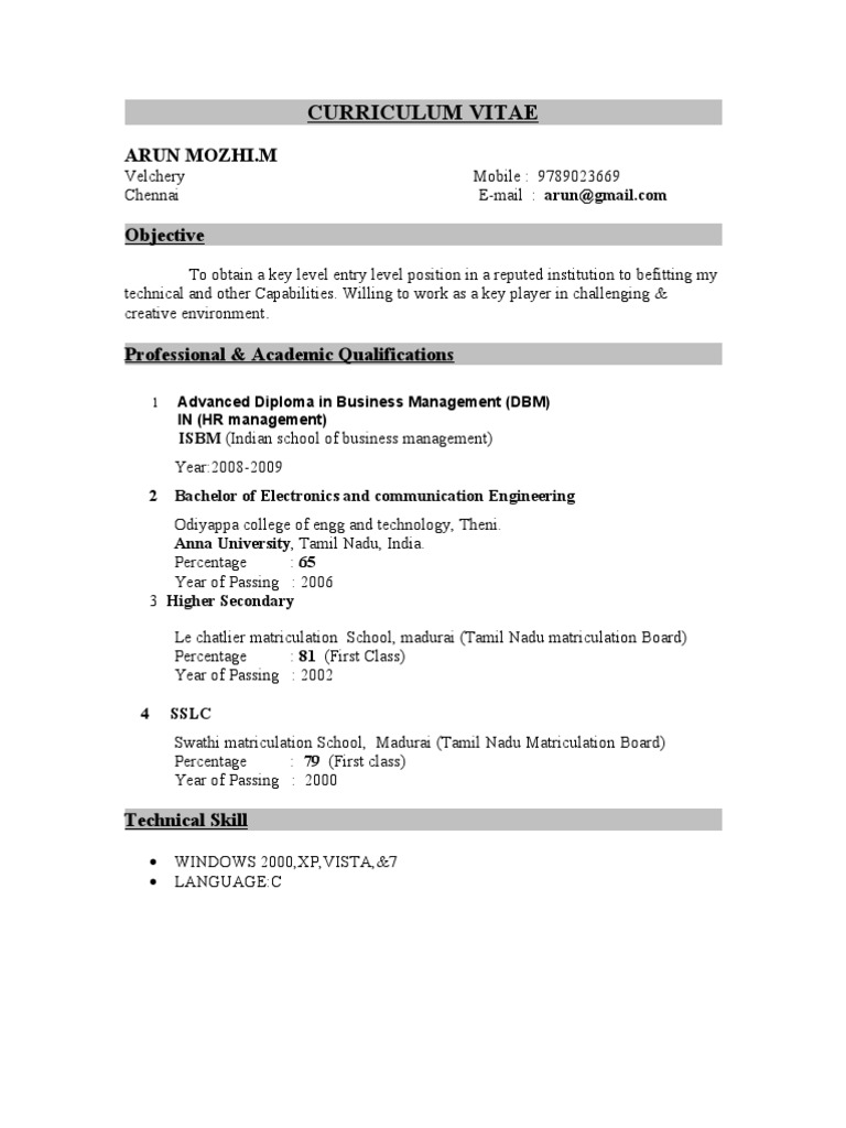 resume format for bpo job