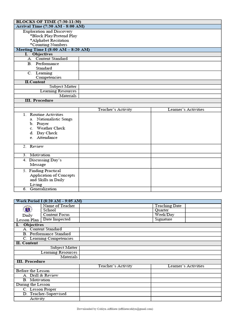Kindergarten Daily Lesson Plan Template | PDF | Learning | Teachers
