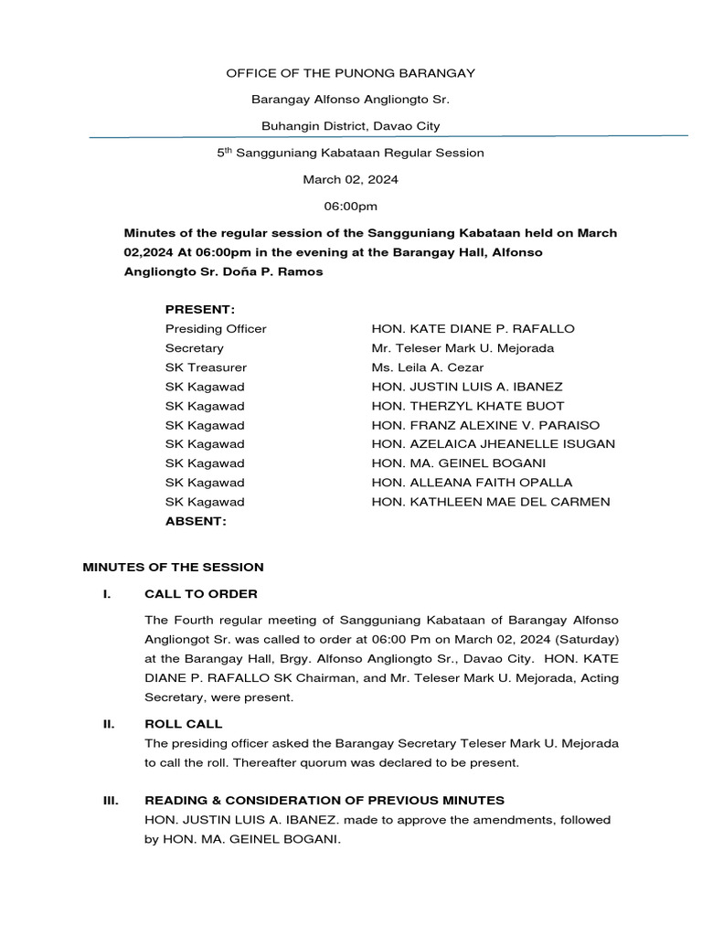 5th Sangguniang Kabataan Regular Session March 02 2024 Pdf