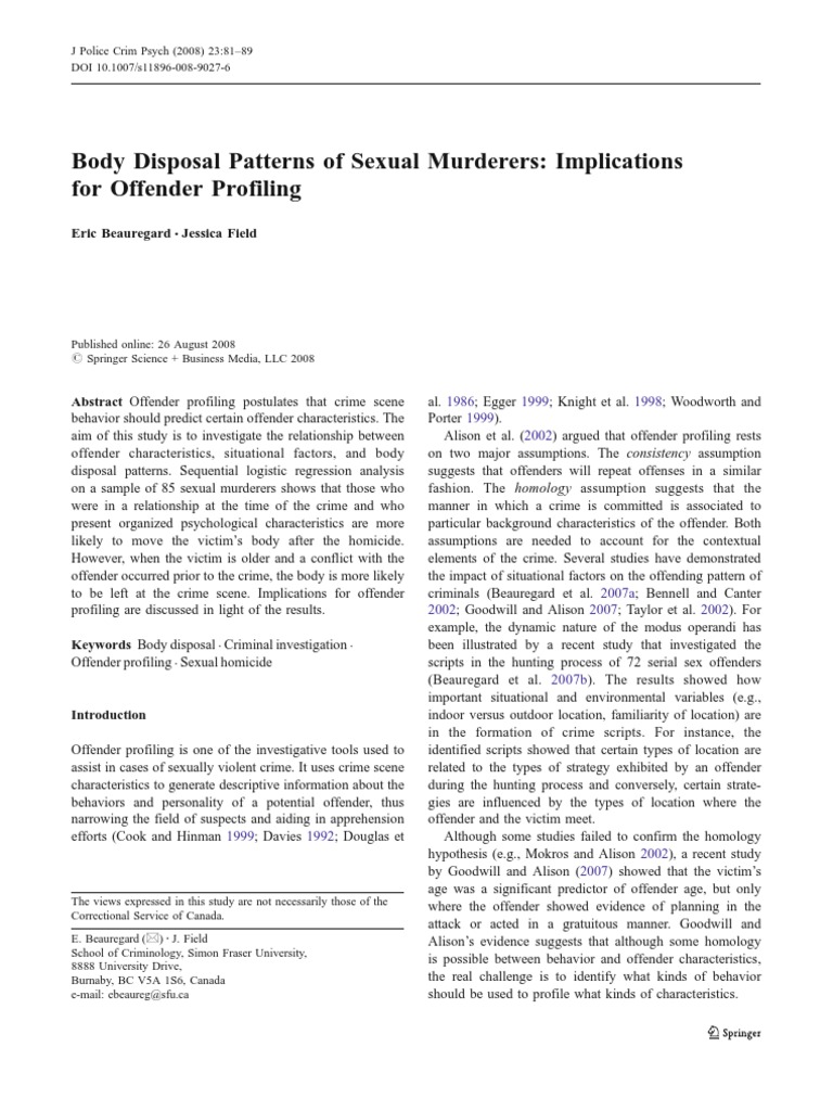 Body Disposal Patterns in Sexual Homicides | PDF | Offender Profiling ...