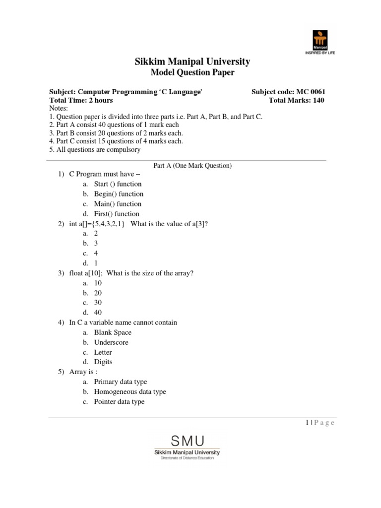Model Question Paper MC0061 | PDF | C (Programming Language) | Control Flow