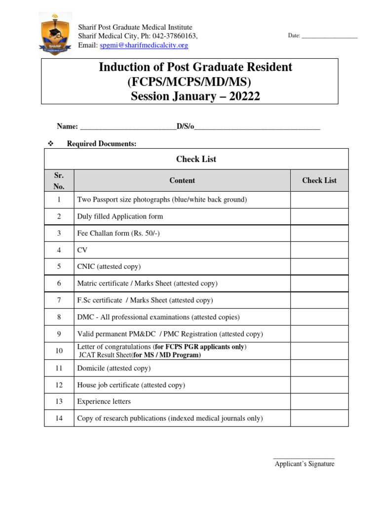 Induction Application for PG Residents | PDF