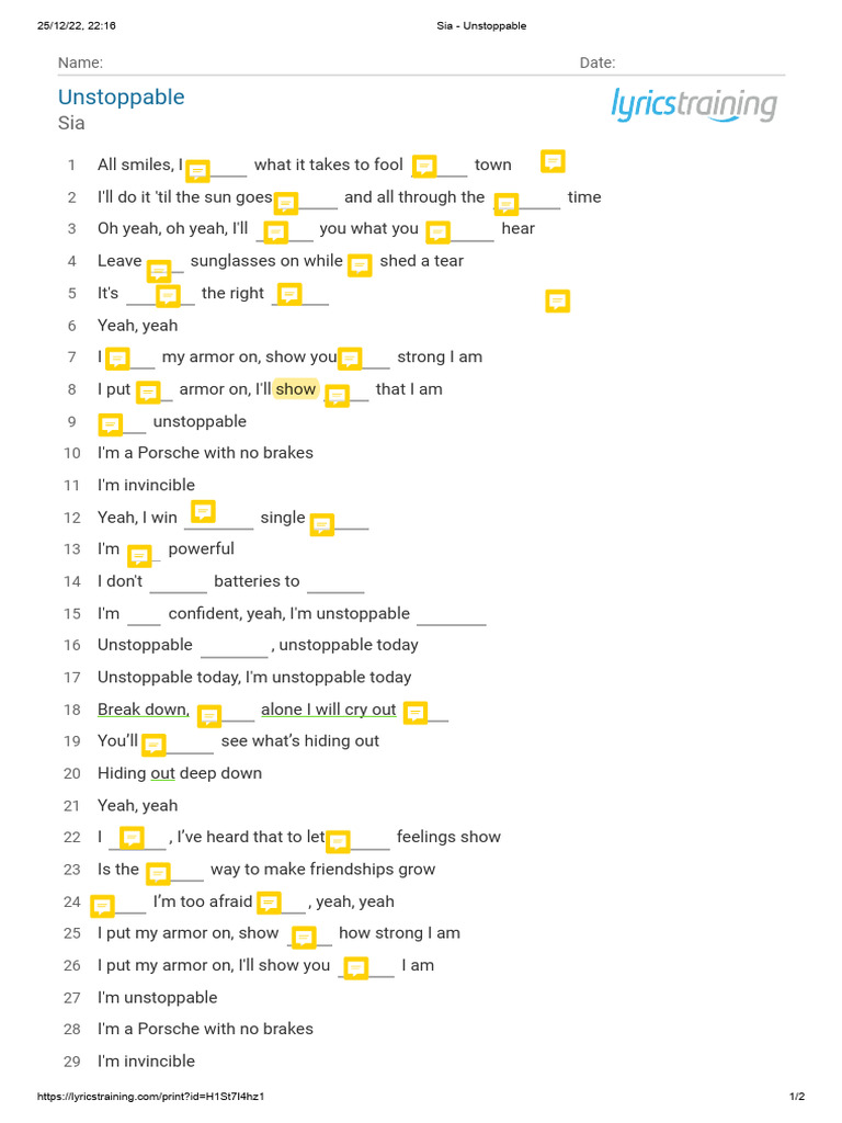 Unstoppable - Sia LyricsTraining (Garotas) | PDF