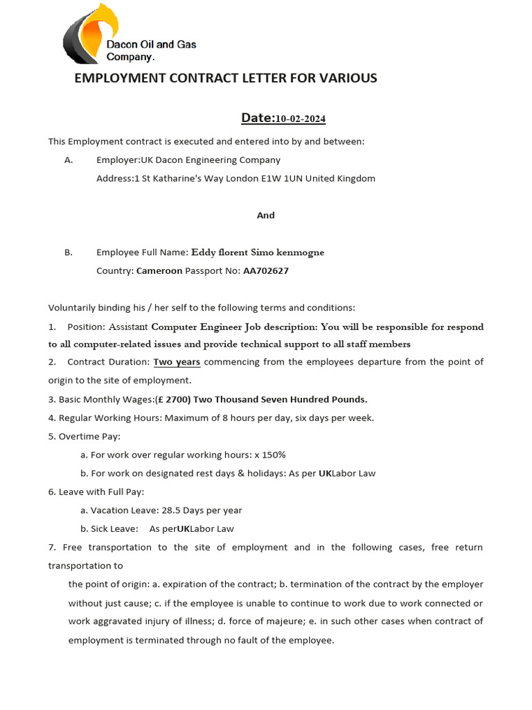 Employment Contract for Assistant Engineer | PDF | Employment | Working ...