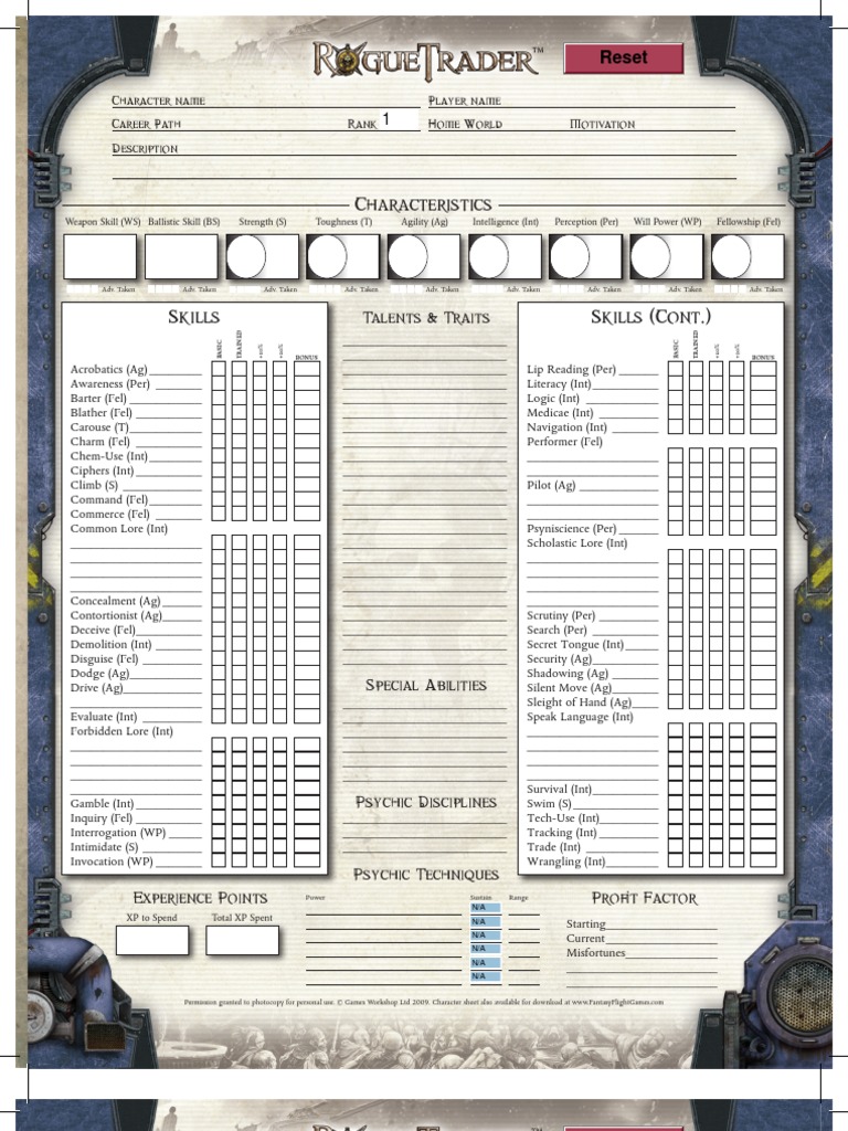 Rogue Trader Character Sheet Official Editable PDF Leisure