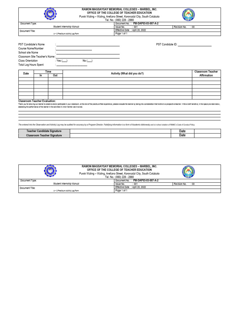 Dtr form a practicum activity log form 2 1 download free pdf