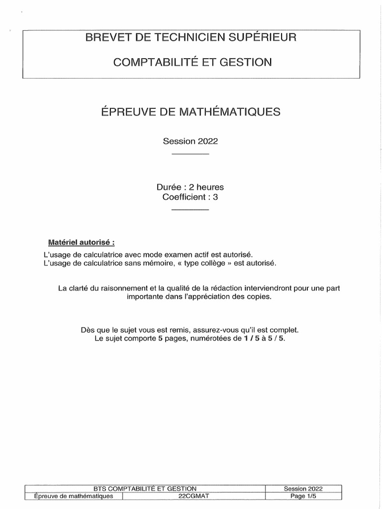 Bts CG 2022 Epreuve E2 Mathmatiques PDF