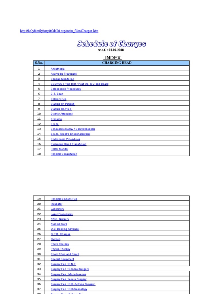 Schedule of ChargesHoly Family Sep 08 PDF Intensive Care Unit Hip