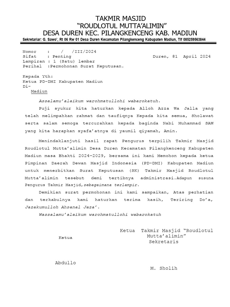 Contoh Pengajuan Sk Takmir Masjid Pdf