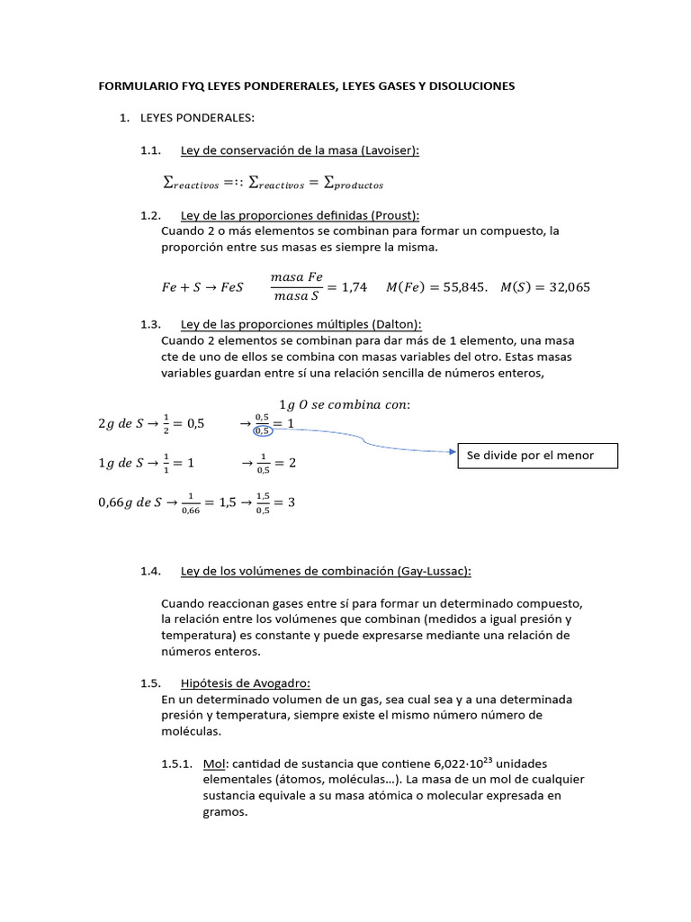 Formulario Fyq Leyes Pondererales | PDF | Mole (Unidad) | Gases