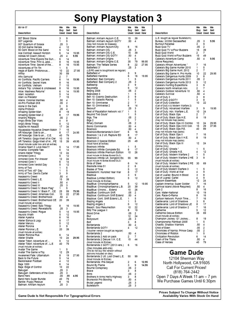 PS3 Game Listings and Prices | PDF