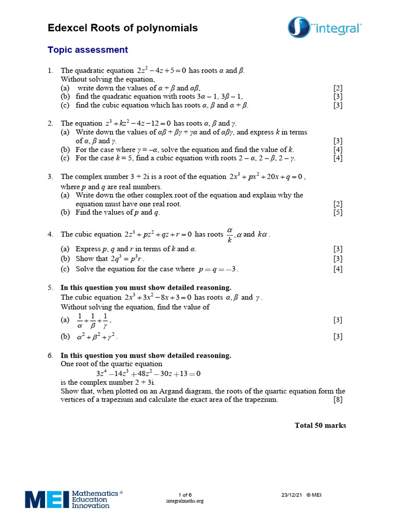 Edexcel Polynomial Roots Assessment | PDF | Zero Of A Function | Equations