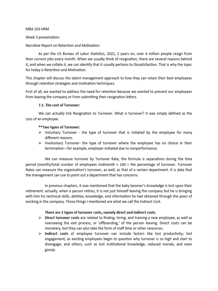 MBA 103 HRM Narrative Report | PDF | Employee Retention | Turnover ...