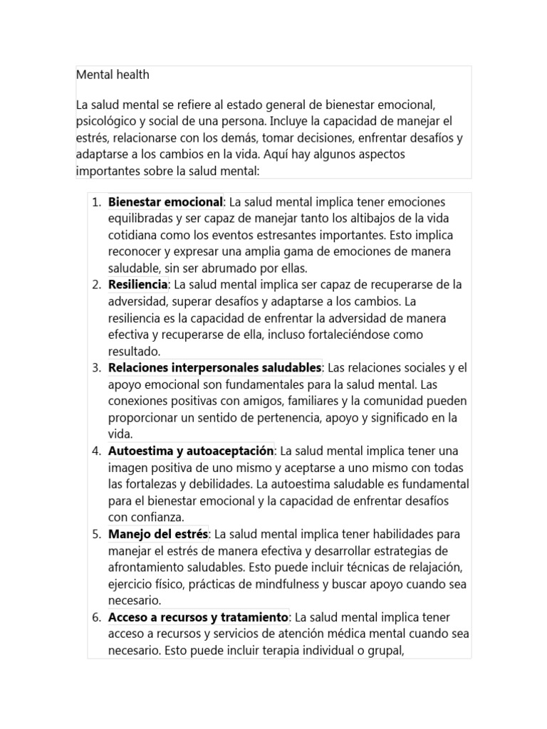Aspectos Clave de la Salud Mental | PDF | Salud mental | Las emociones