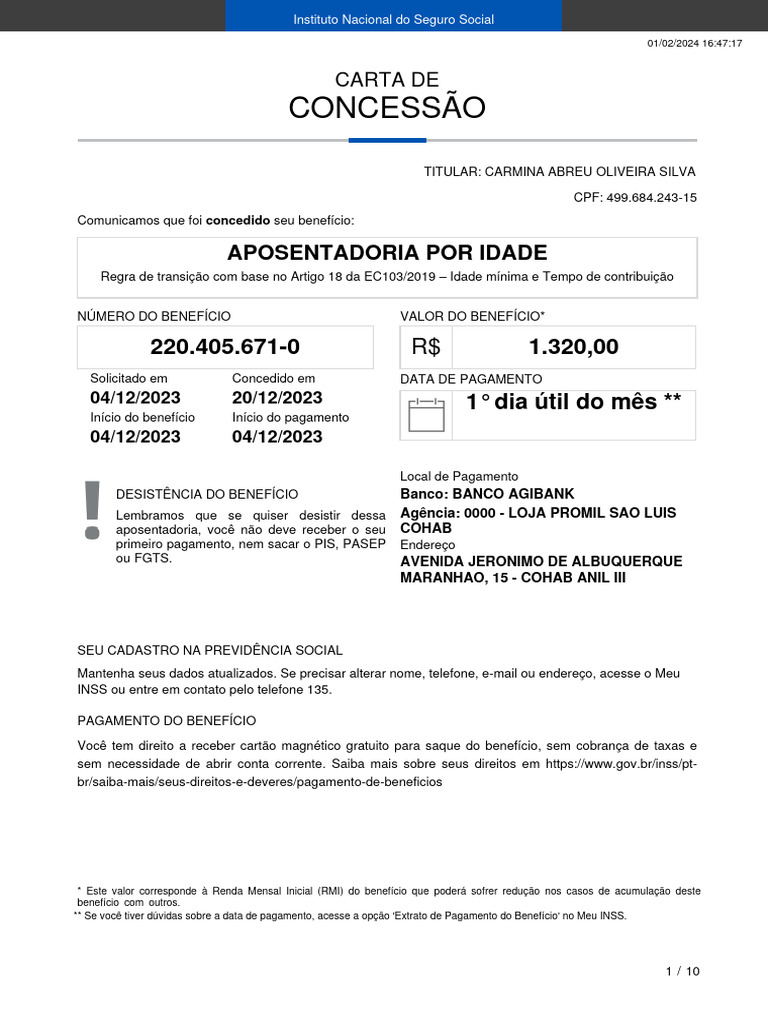 Carta Concessao Beneficio | PDF | Bem-estar social | Politica Social