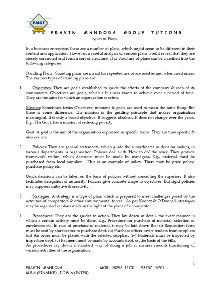 sem-1-mgmt-unit-1-types-of-plan-pdf-policy-goal