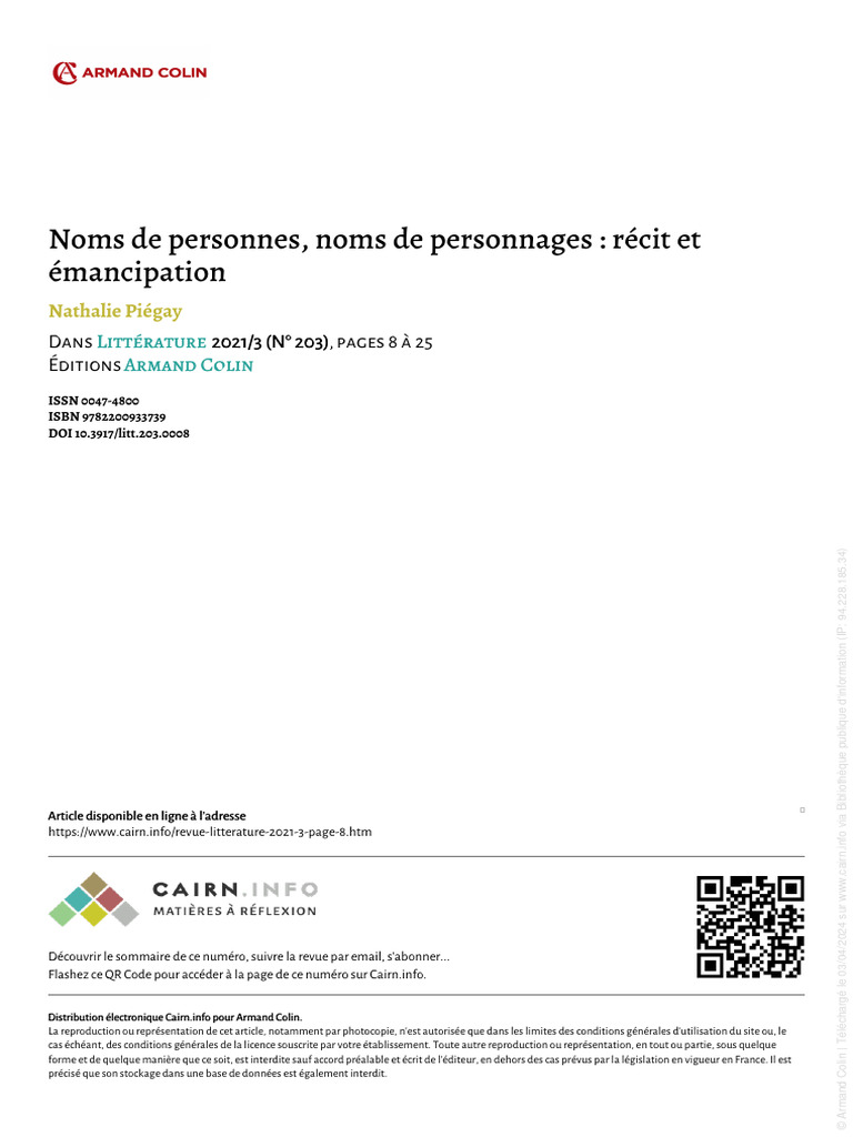 Noms et personnages : récit et identité | PDF | Romans | Autobiographies