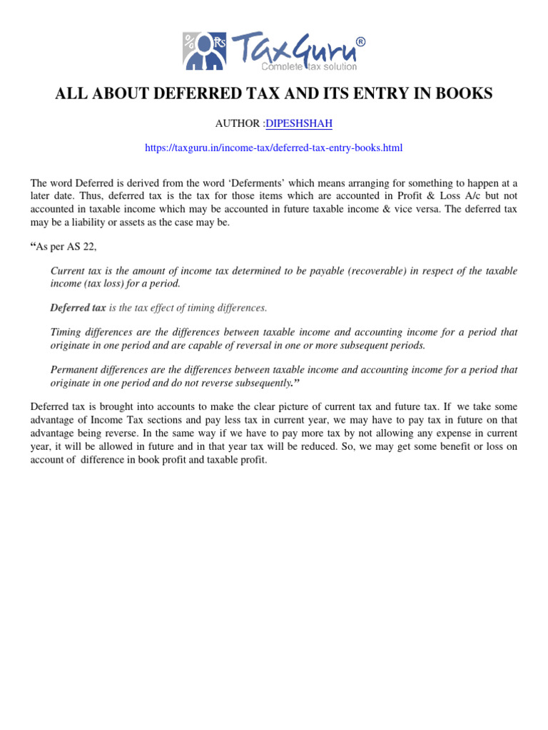 All About DEFERRED TAX and Its Entry in Books Taxguru in Download