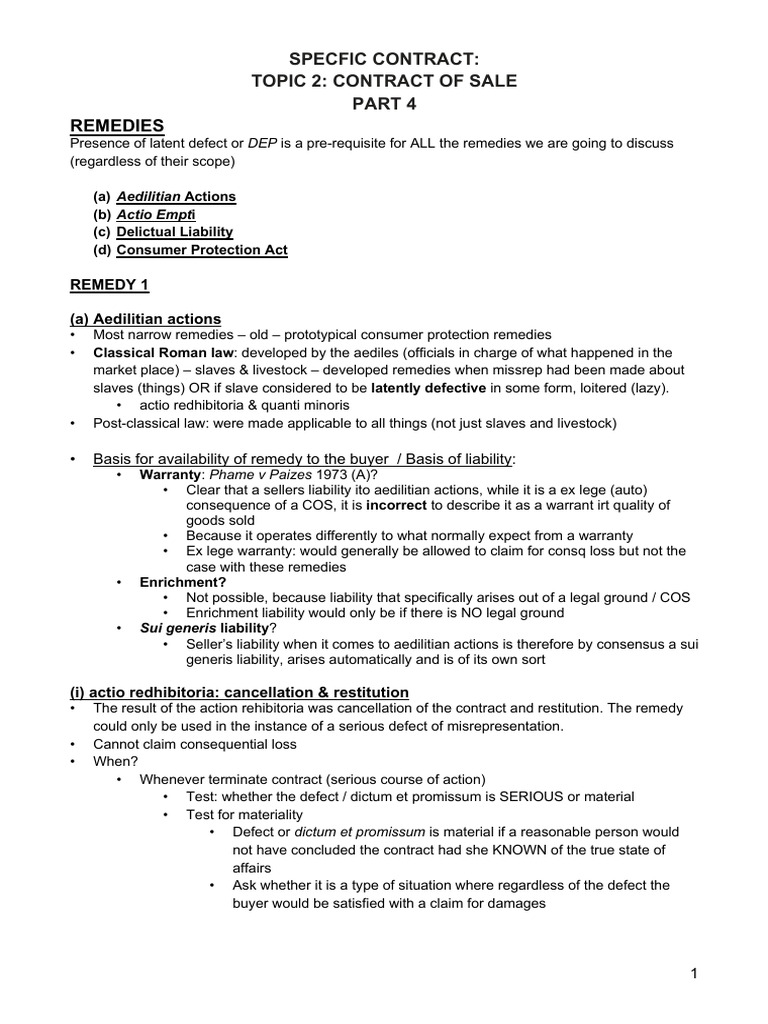 Specific Contracts (2023) Topic 2 Contract of Sale Part 4 PDF
