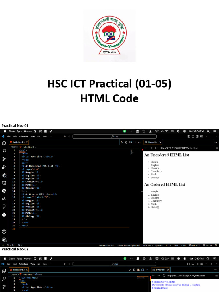 HSC ICT Practical HTML C Programming Code01 10 | PDF | Technology ...