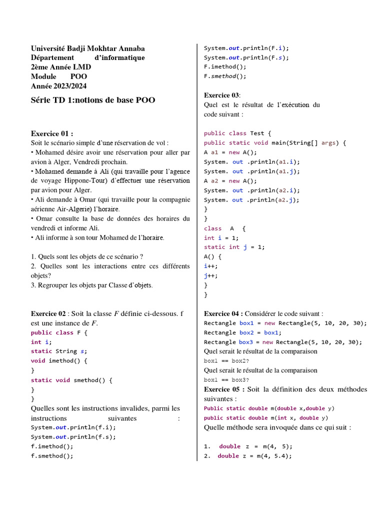 Notions de base en POO - Exercices 2023/2024 | PDF | Programmation ...