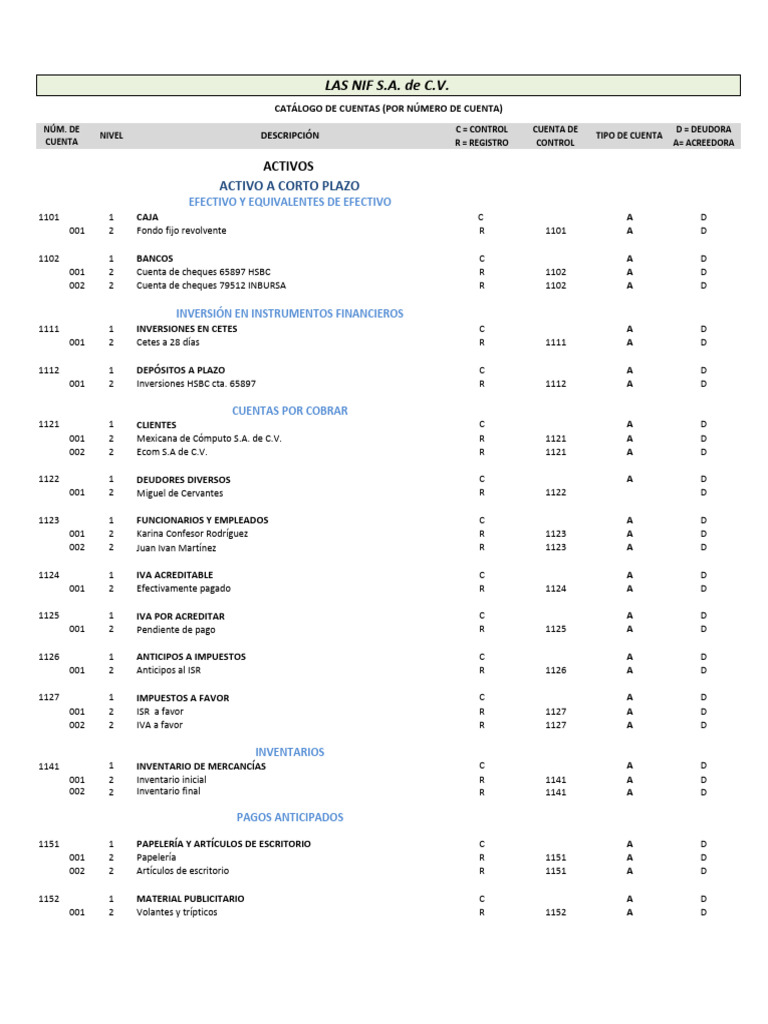 Catálogo de Cuentas Contables NIF S.A. | PDF | Hoja de balance ...