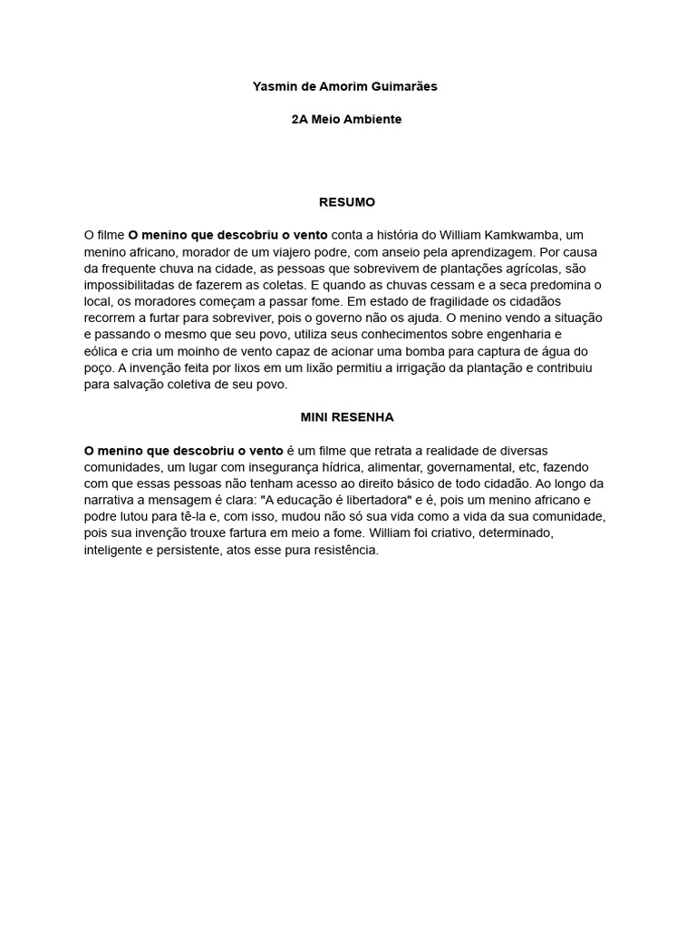Resumo e Resenha - o Menino Que Descobriu o Vento | PDF