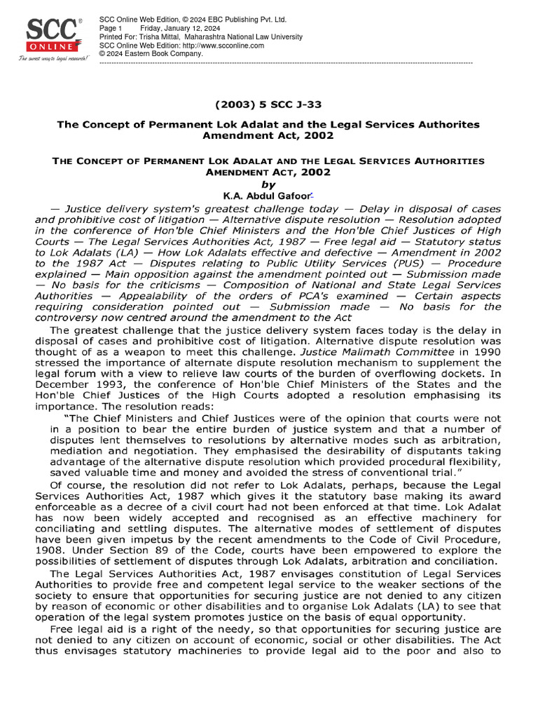 Concept of Permanent Lok Adalat and ADRArticle PDF