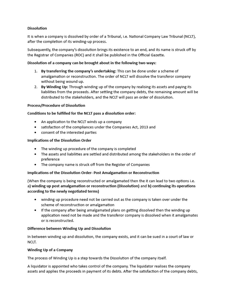 Dissolution And Winding Up Pdf Liquidation Debt