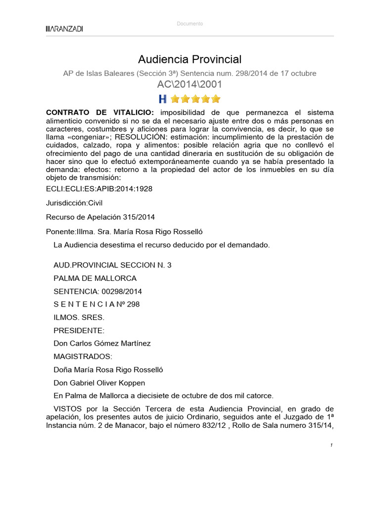 Sentencia sobre incumplimiento de contrato vitalicio | PDF | Sentencia