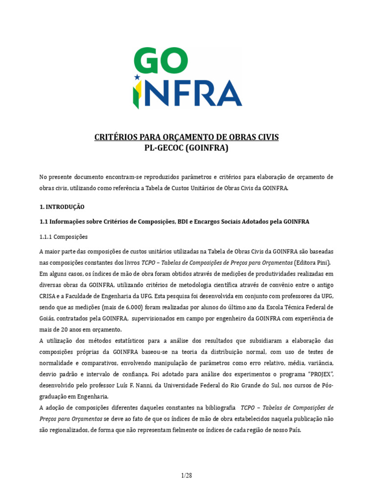 Orçamento de Obras Civis: Critérios GOINFRA | PDF | Argamassa ...