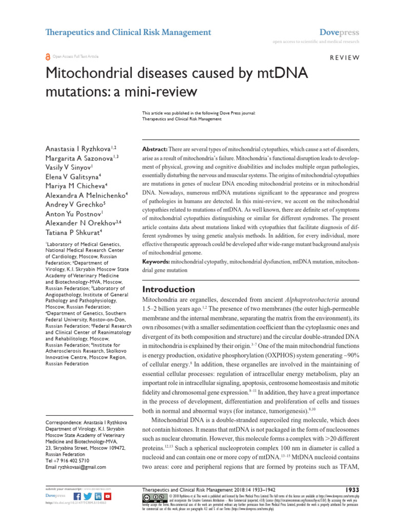 Mitochondrial Diseases Caused by mtDNA Mutations - A Mini-Review | PDF ...