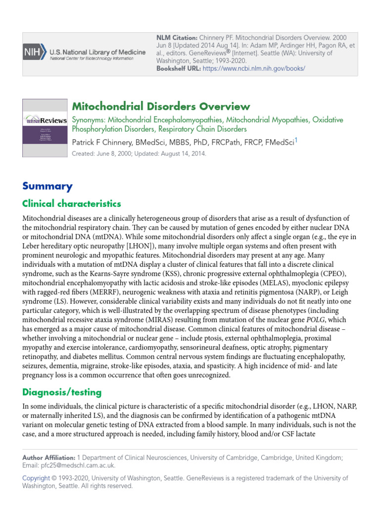 Mitochondrial Disorders Overview | PDF | Mitochondrial Dna | Genetic ...